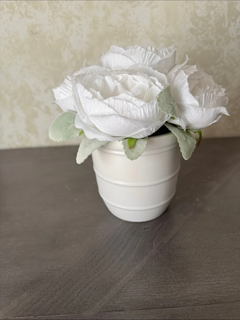 White Faux Rose Bouquet in White Ceramic Planter - Decorative Home Accent